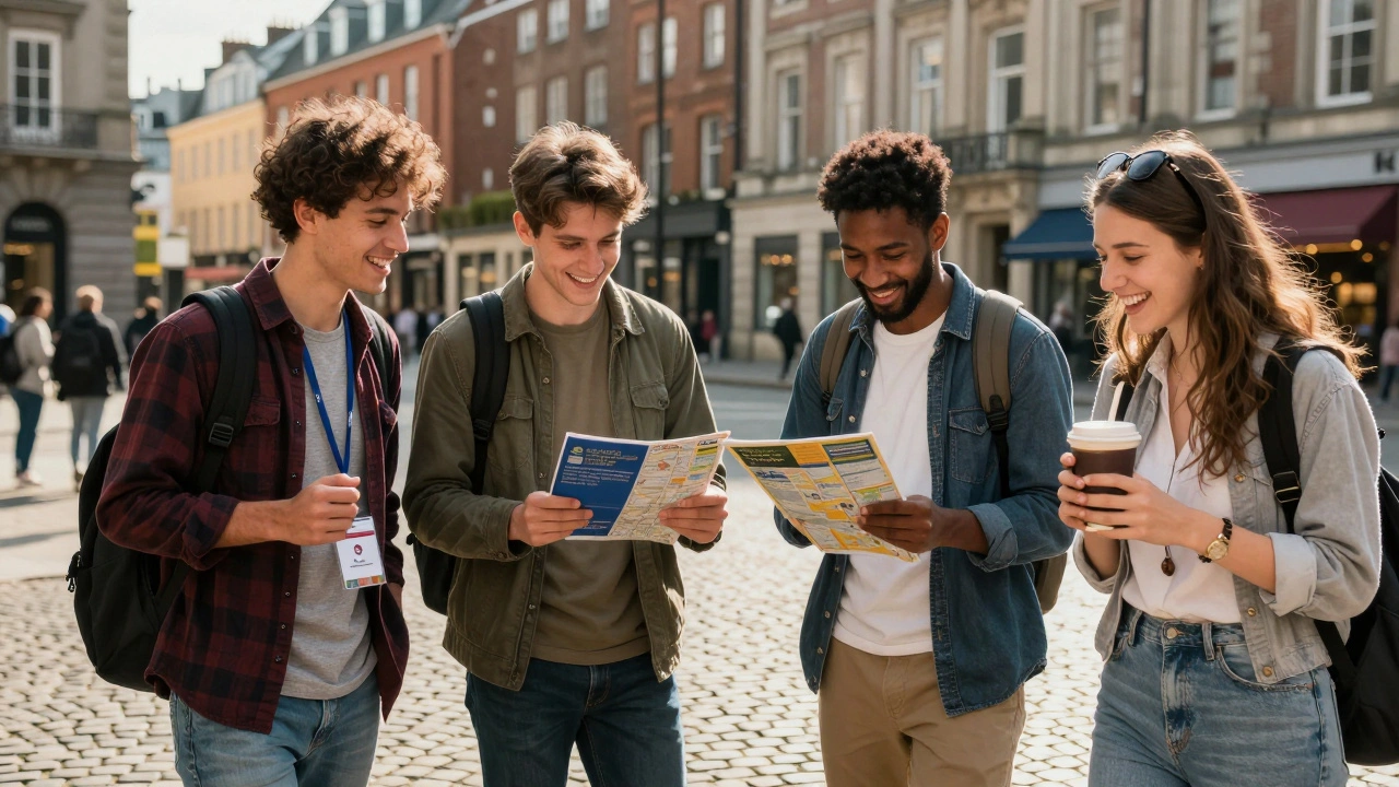 UK students enjoying a European square with student ID and local map, smiling in sunlight