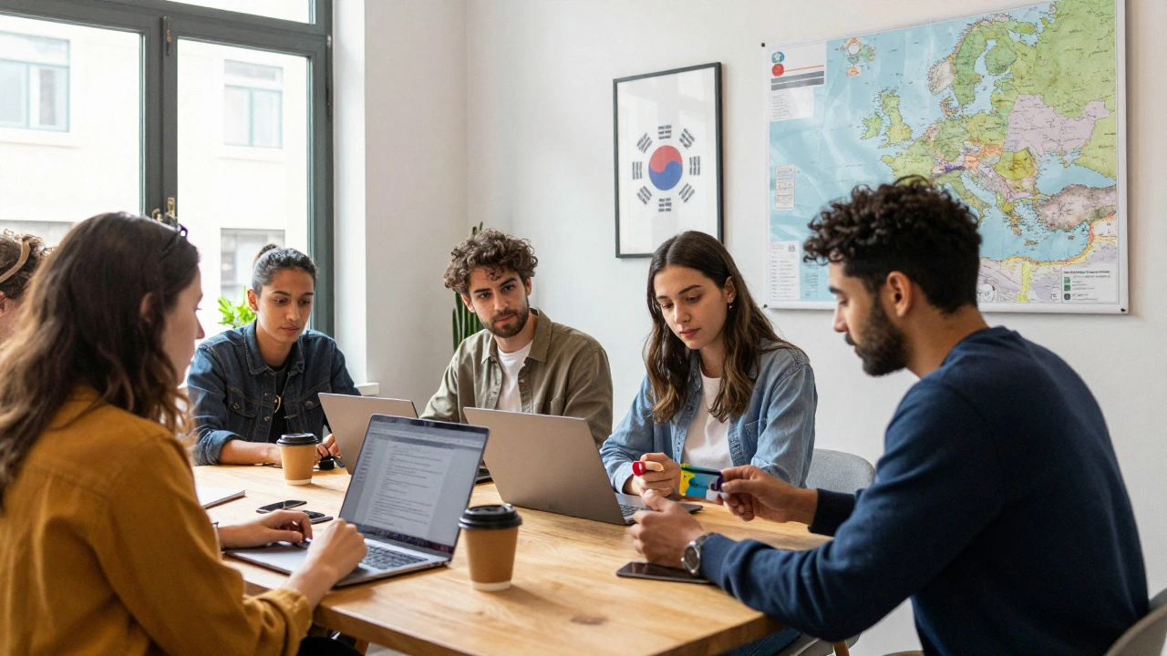UK students in Lisbon co-working space using Wise card and laptops with European maps on wall