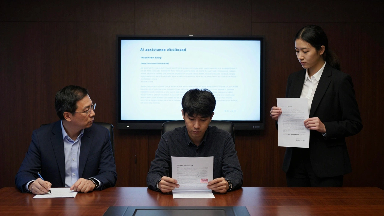 University panel reviewing flagged essay with disclosure footnote, student standing beside them in formal setting.