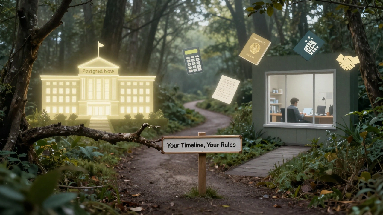 Winding forest path splitting toward university or job, with symbolic icons, misty light, no text.