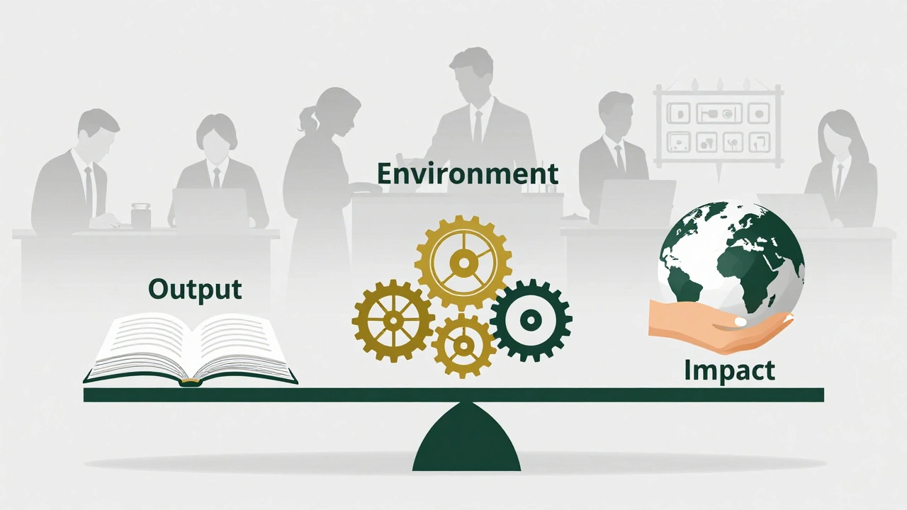 A balanced scale representing research output, impact, and environment, with diverse researchers in the background.
