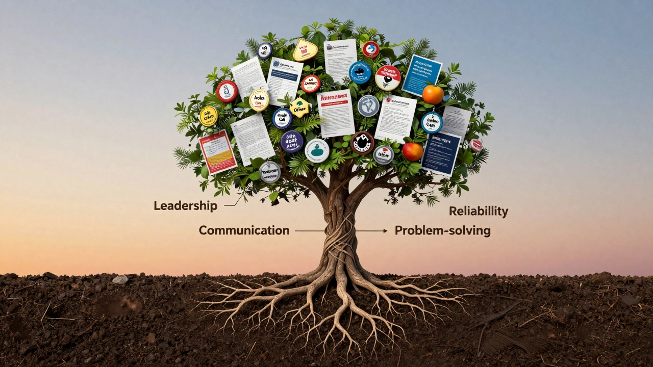 A CV transforming into a tree with roots representing key skills, growing from volunteer materials under a dawn sky.
