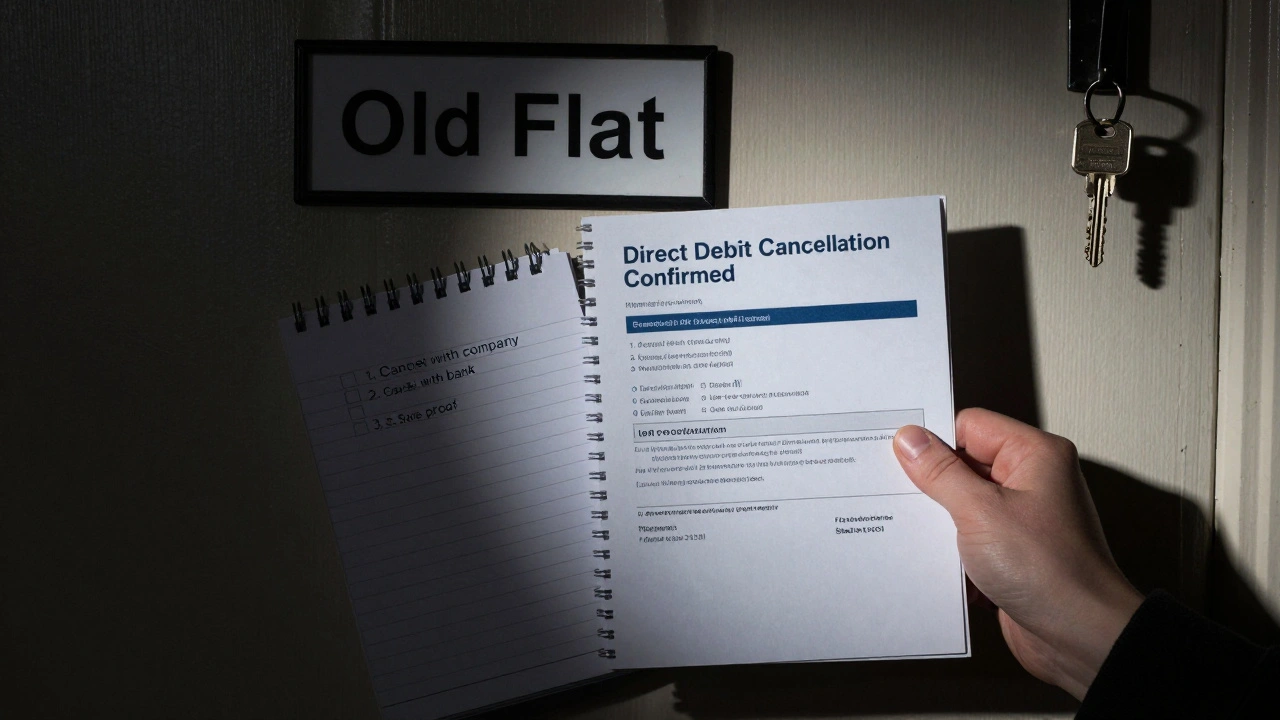 A hand holding a cancellation confirmation email next to a checklist for ending a direct debit.