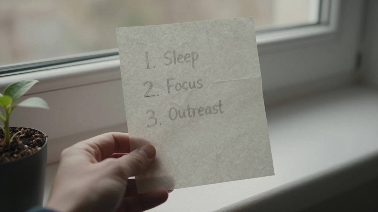 A hand holding a scored self-tracking note by a sunlit windowsill with a small plant.