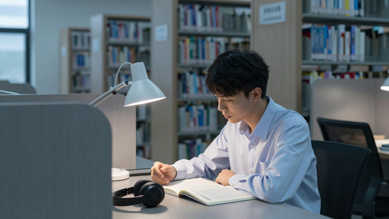 A library assistant quietly studying between shifts among bookshelves under a soft lamp.