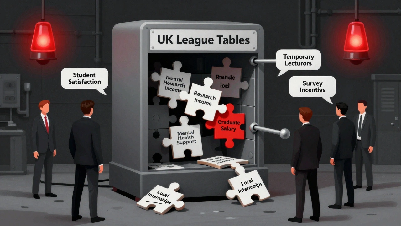 A mechanical ranking formula with key educational elements discarded, operated by administrators manipulating data levers.