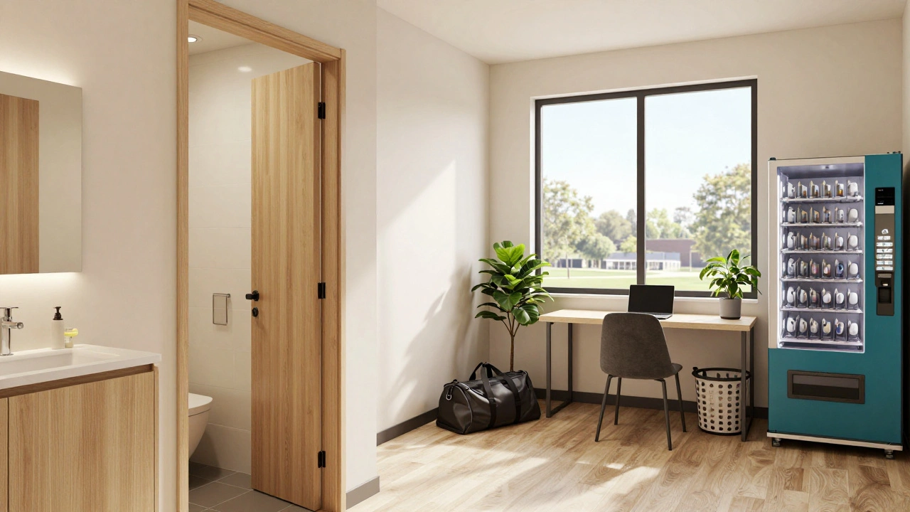 A modern student studio apartment with en-suite bathroom and co-working area, bathed in natural light.