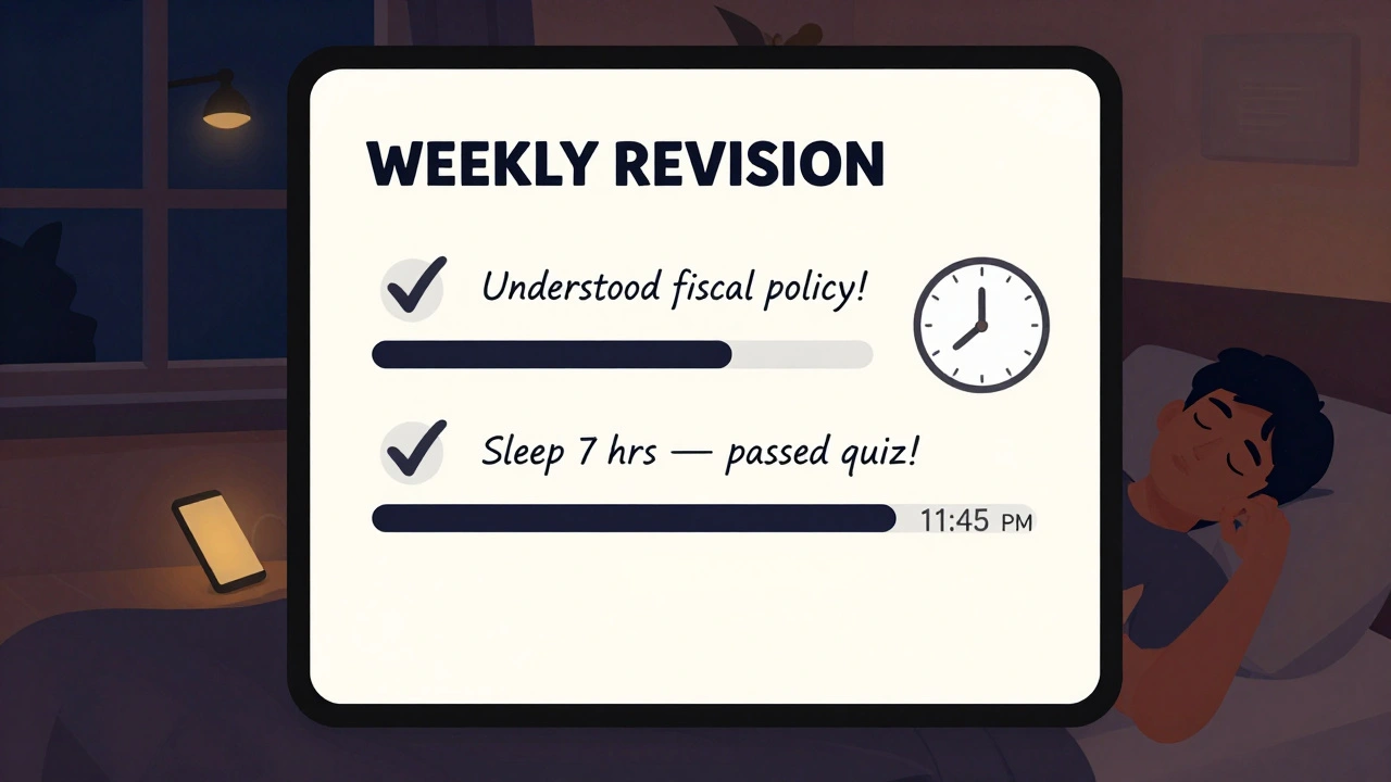 A phone screen showing revision progress as a student sleeps, with notes on learning and sleep.