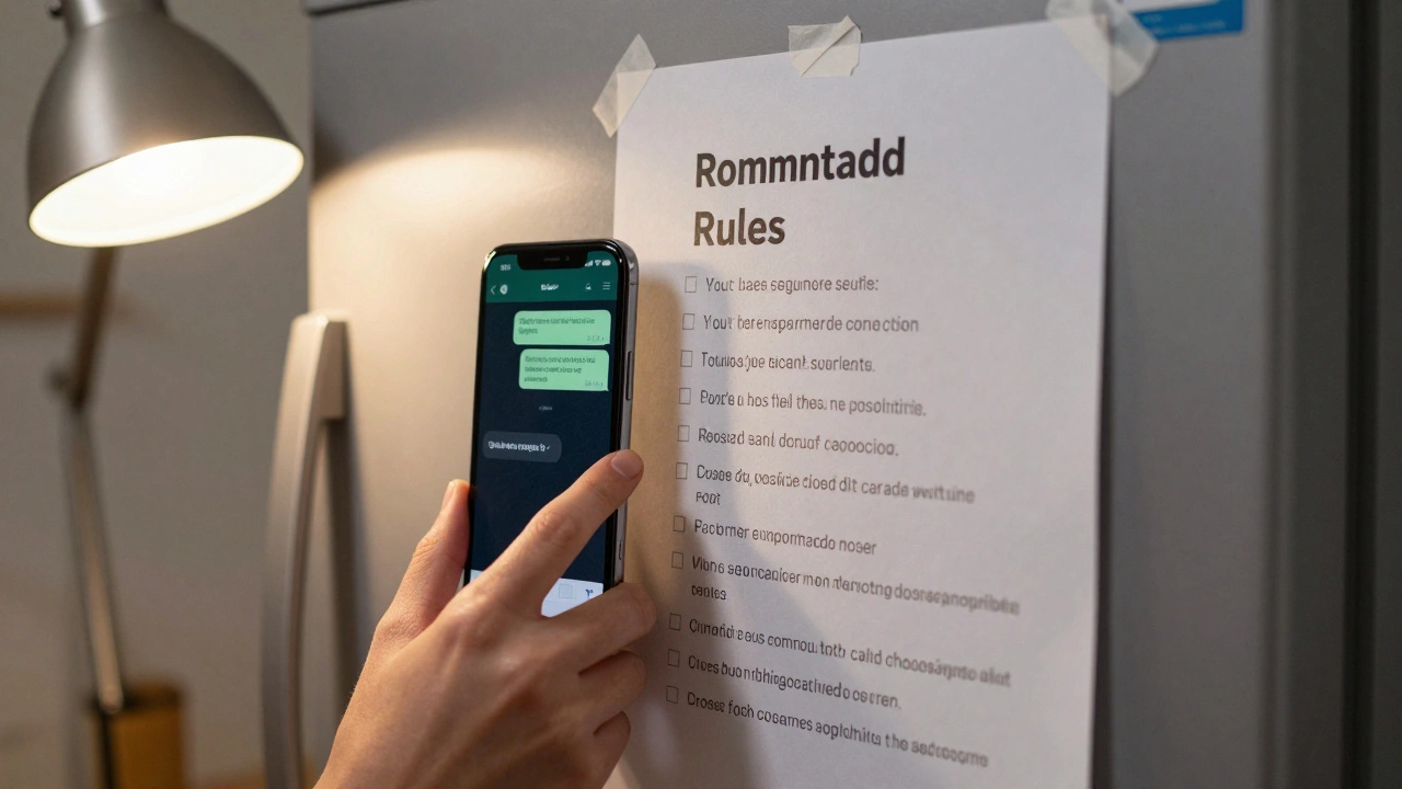 A printed roommate agreement taped to a fridge beside a smartphone showing a bill payment message in soft lamplight.