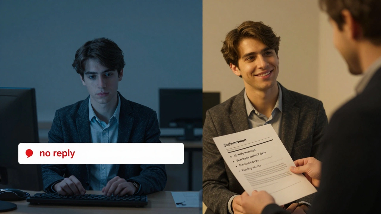 A split image showing a lonely student with no email reply versus one receiving a supervision agreement.