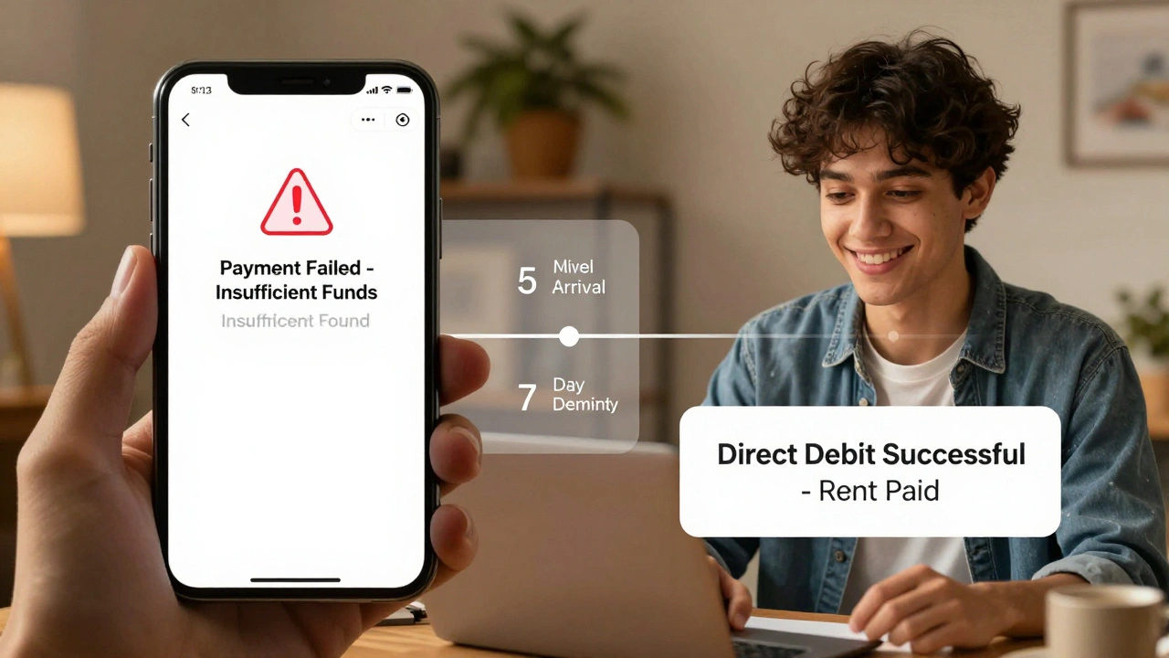 A split-screen showing failed vs successful direct debit payments with timeline of student loan arrival.