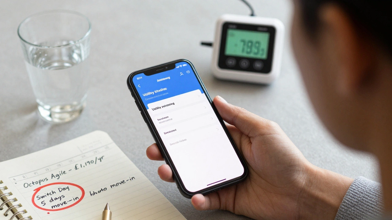 A student's hand holding a phone showing a utility switch confirmation, with a smart meter displaying real-time energy use in the background.
