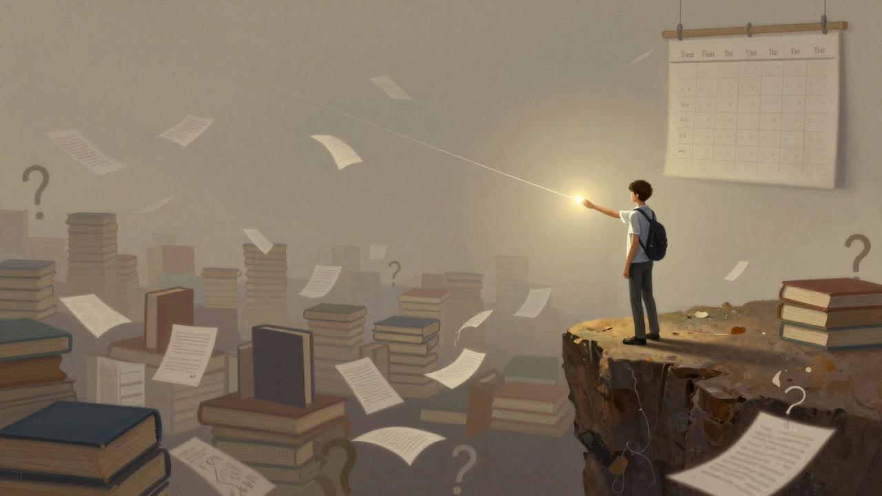 A student at the edge of a cliff holding a thread leading into a landscape of research and uncertainty.