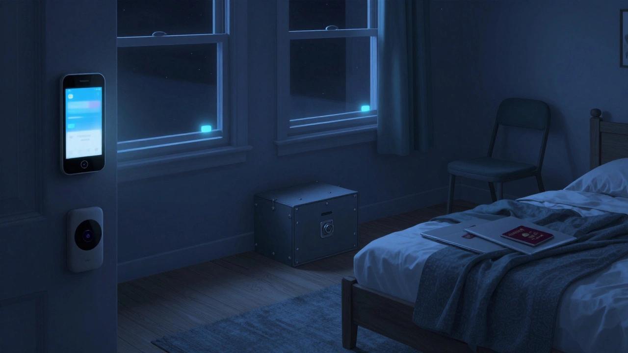 A student bedroom with a lockbox holding valuables and window sensors glowing softly at night.