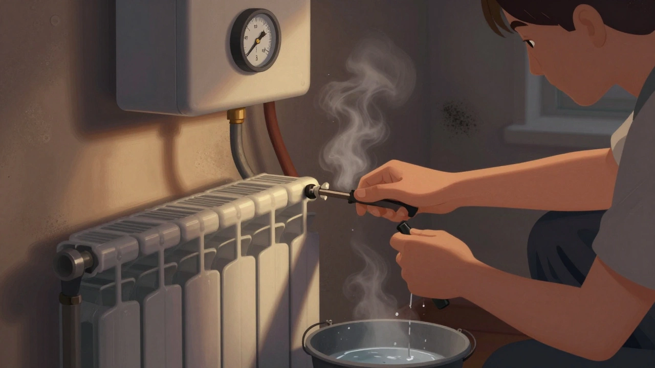 A student bleeding a radiator with a key while boiler pressure gauge reads 1.2 bar, with faint mould on the wall.