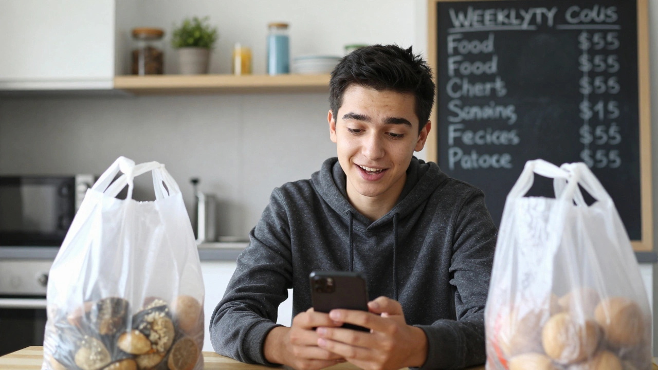 A student filming a raw, unedited TikTok video in their kitchen with student budget groceries.