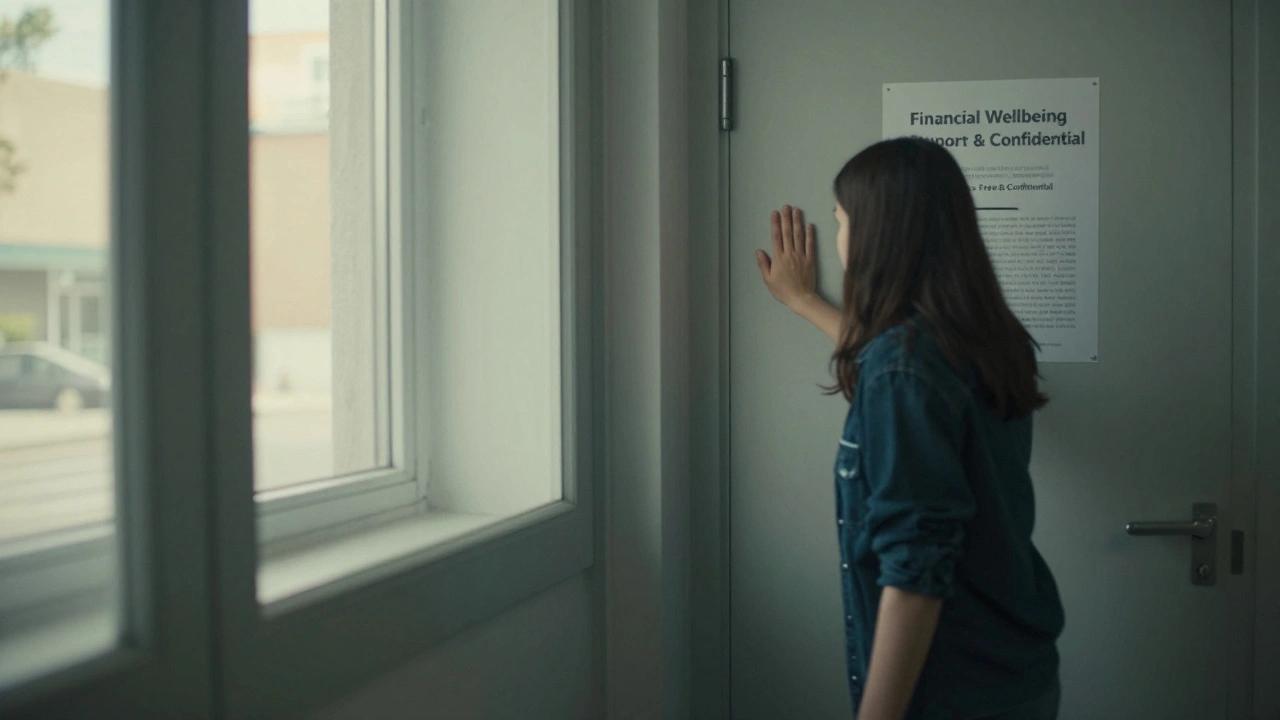 A student hesitating outside a university welfare office, unsure whether to seek help.