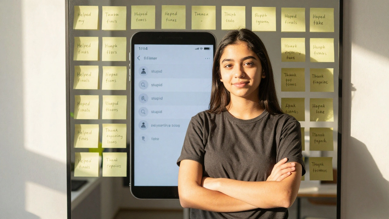 A student looking at a mirror covered in positive notes, with a comment filter screen visible in the background.