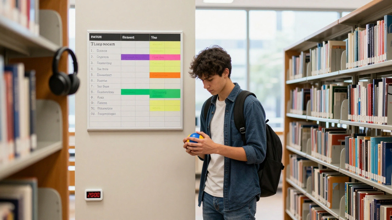 A student pacing in a library with a timer showing 20 minutes of focused work, surrounded by color-coded task planners and headphones.