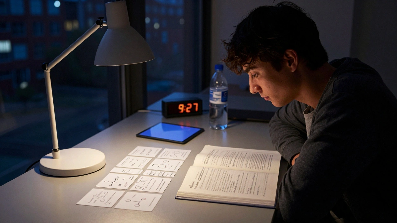 A student reviewing flashcards late at night under a desk lamp.