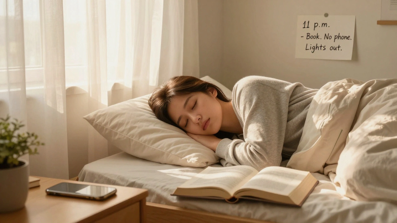 A student sleeping peacefully as morning light enters the room, phone away, book on nightstand.
