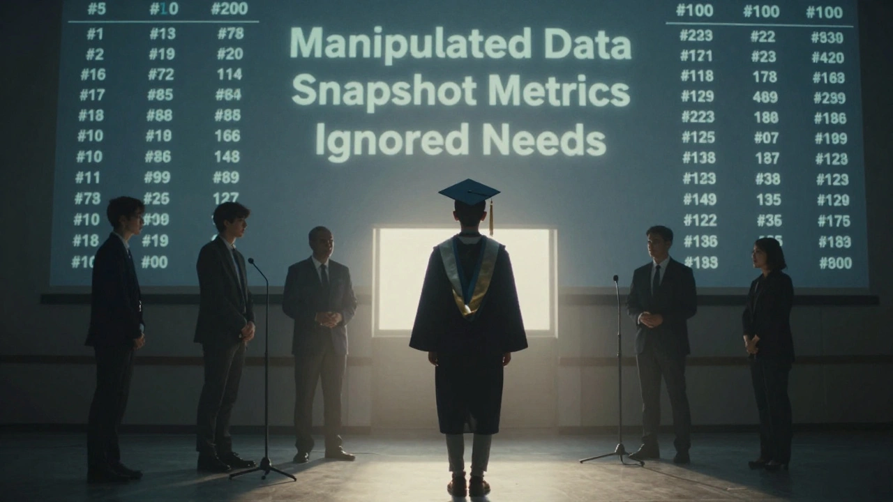 A student standing before a flickering leaderboard that reveals hidden manipulation, while shadowy figures influence the system.