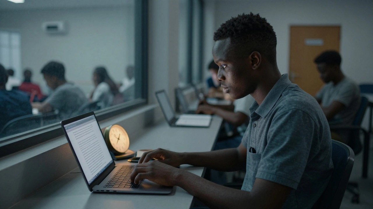 A student taking an exam with assistive technology in a quiet room, with extra time displayed.