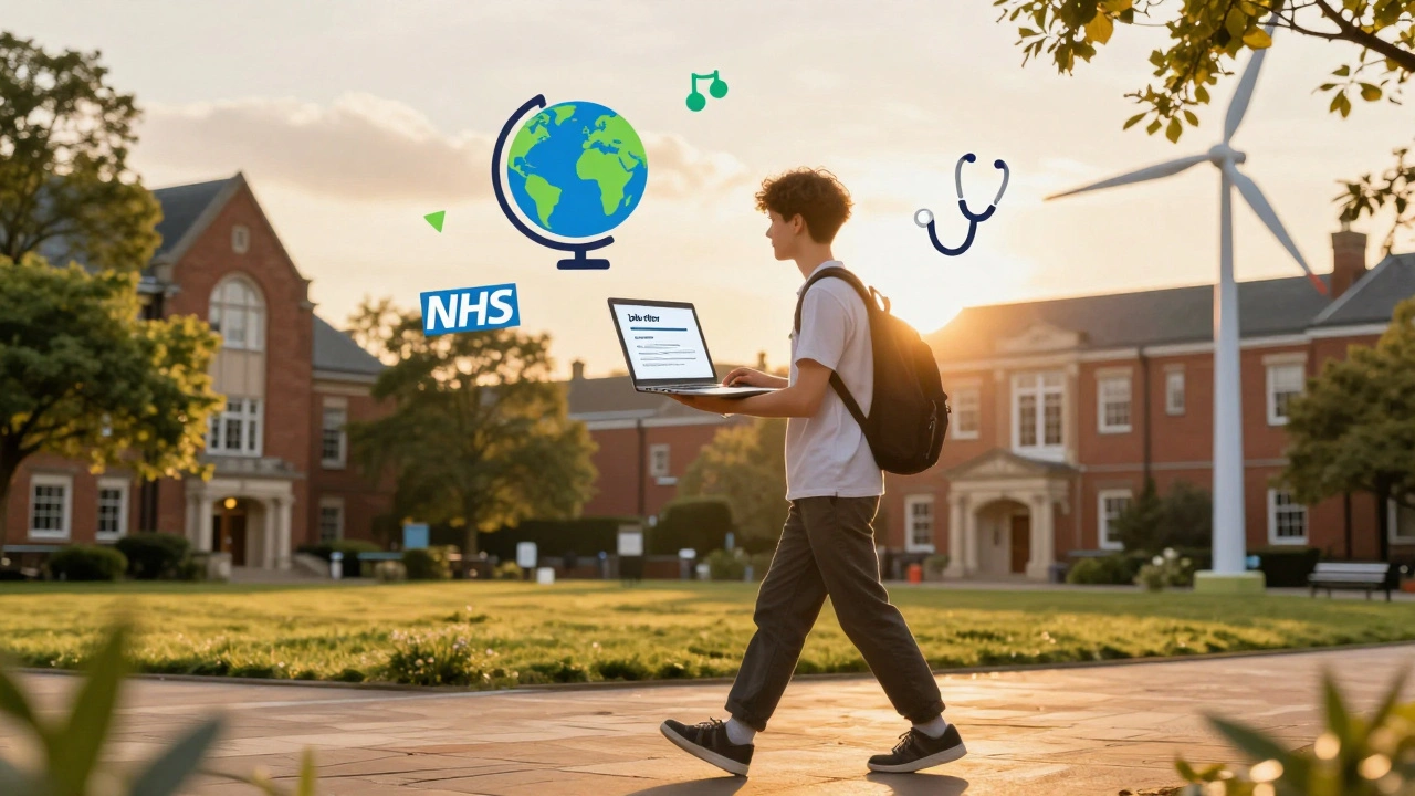 A student walking through campus at sunset with symbols of global education and research