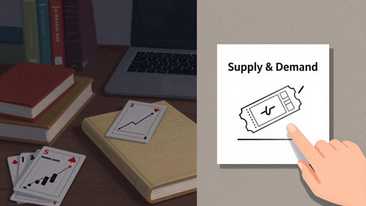 A study desk contrasting cluttered flashcards with a clean index card showing a clear concept explanation.