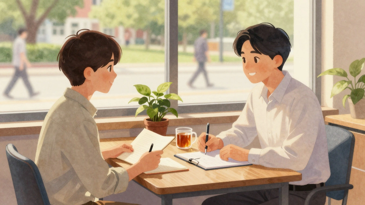 A university advisor and student having a calm, supportive conversation in a quiet office with tea and a notebook.