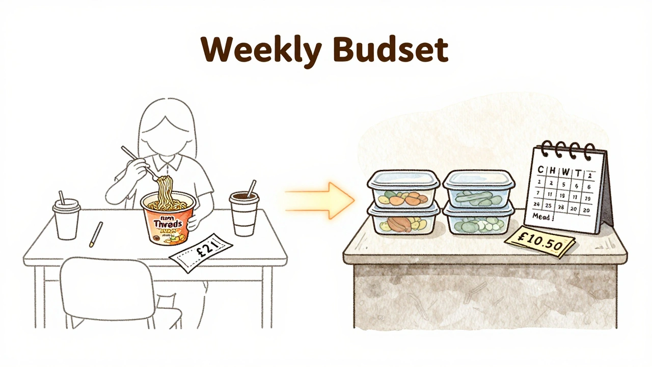 A visual comparison of a student's weekly food spending: messy instant noodles vs. organized meal prep containers.