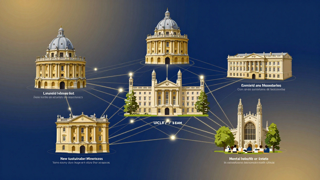 A web of light connecting top UK universities to real-world impacts in health, policy, education, and environment.