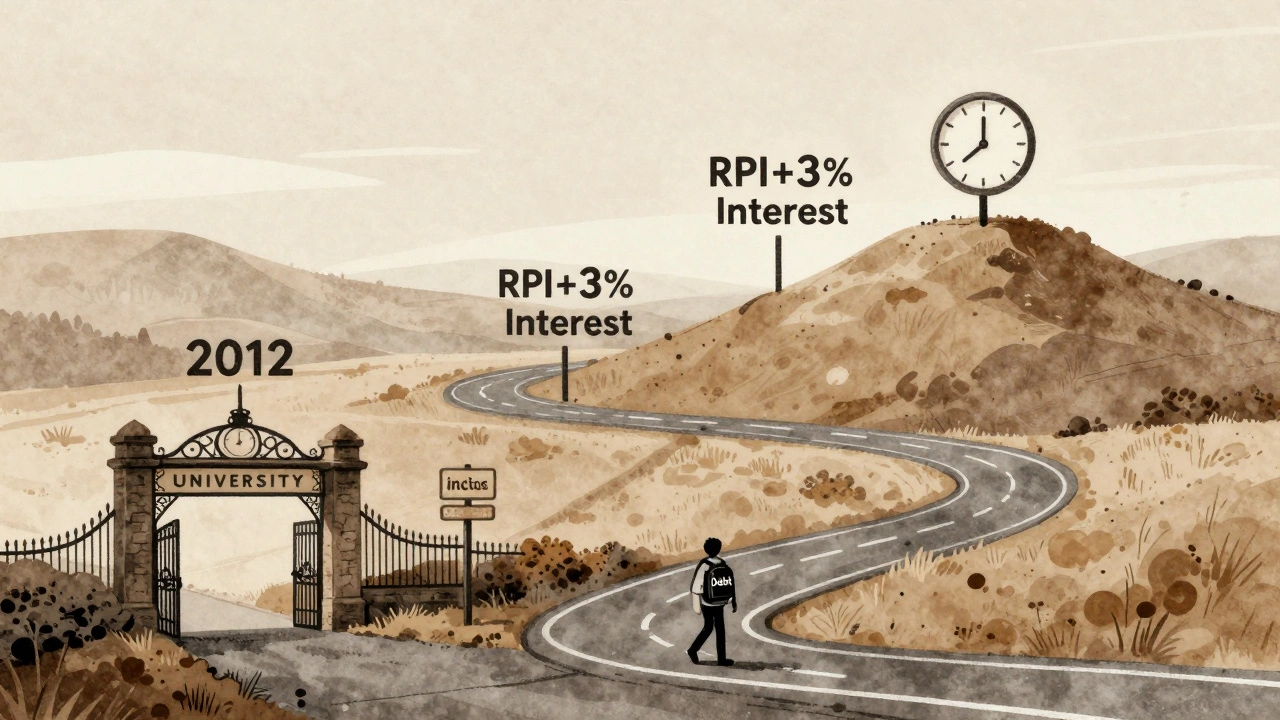 A winding road symbolizing UK student loan repayment journey through thresholds and interest rates.
