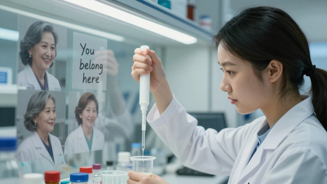A young female researcher in a lab, her reflection showing images of supportive female mentors.