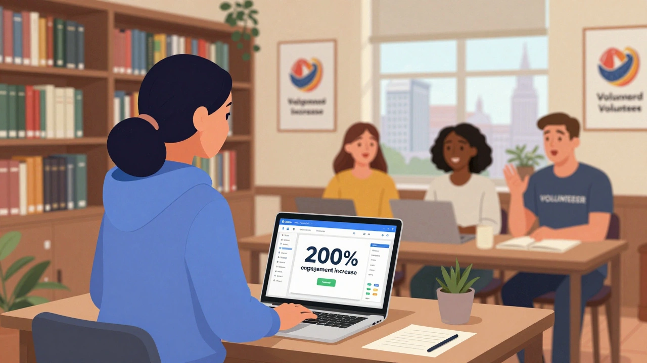 A young woman training volunteers in a library while showing a social media dashboard with a 200% engagement increase.