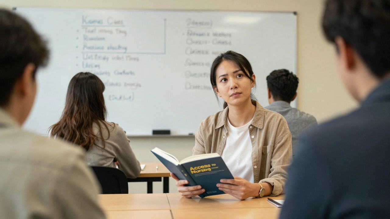 Adult learner attending an Access to Nursing course at a local college, focused on her textbook.