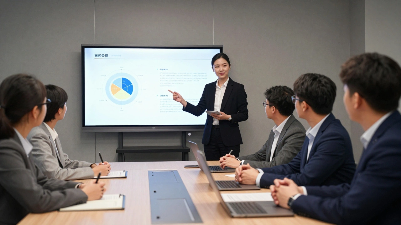 Business students presenting case studies to industry executives in a competition.