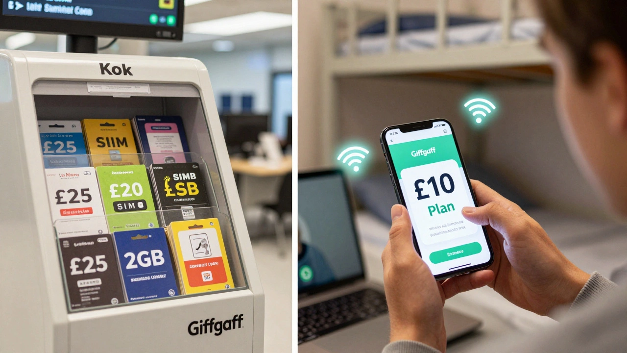 Comparison of expensive airport SIM card vs affordable student plan with Wi-Fi and WhatsApp call on phone.