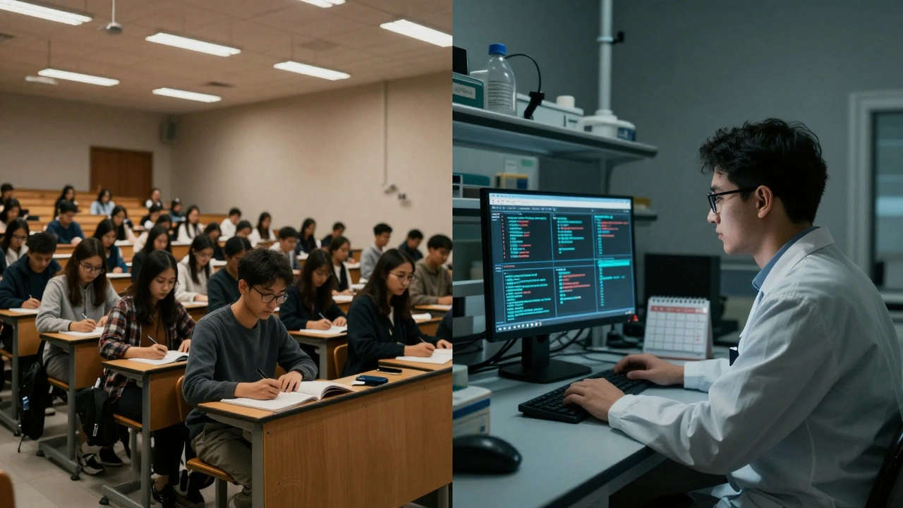 Contrast between a crowded undergraduate lecture and a solitary postgraduate researcher in a lab.