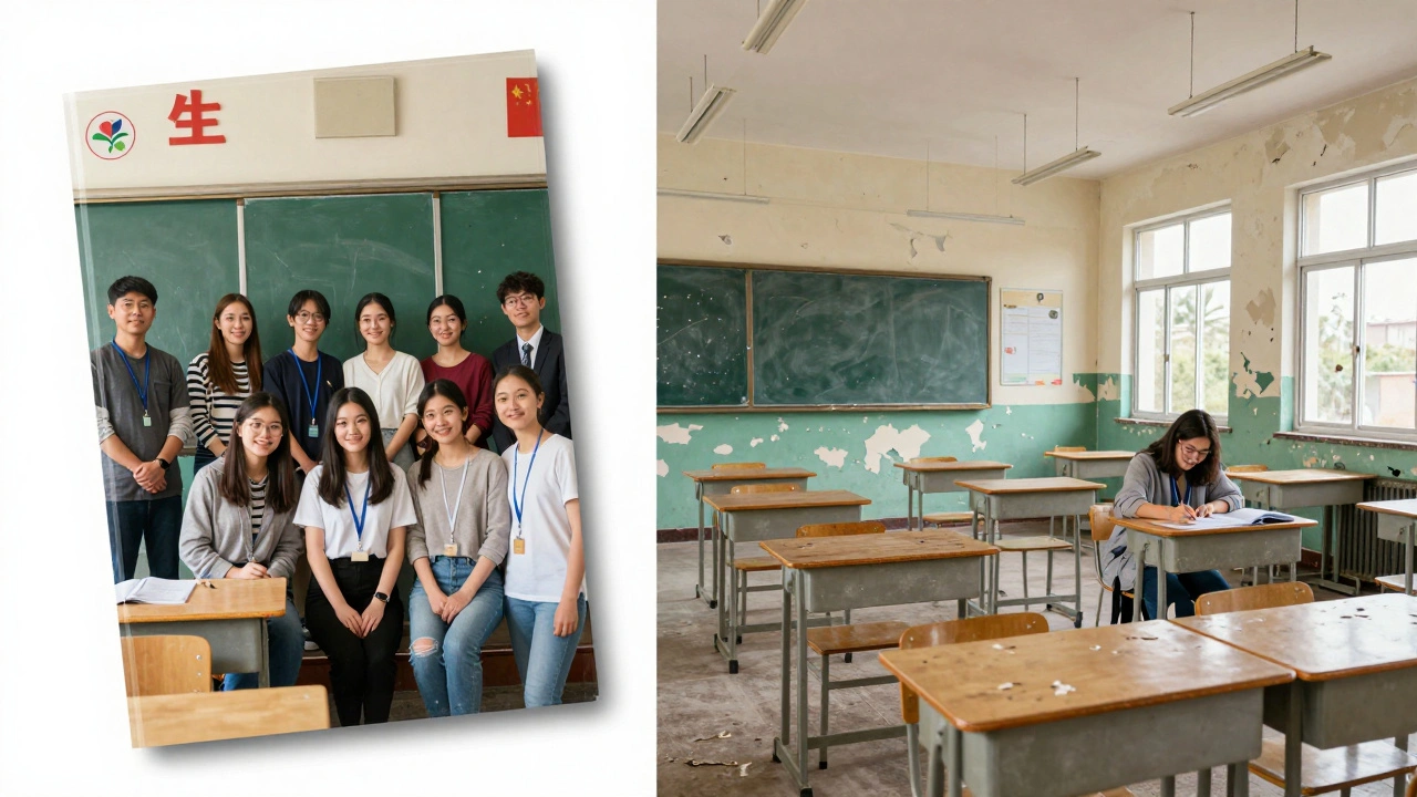 Contrast between a glossy volunteer brochure showing staged photos and a neglected classroom a year later, with peeling paint and a lone local teacher.