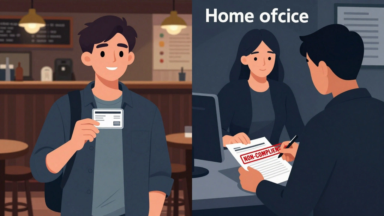 Contrasting scenes: student holding registration card vs. denied work visa due to non-compliance.