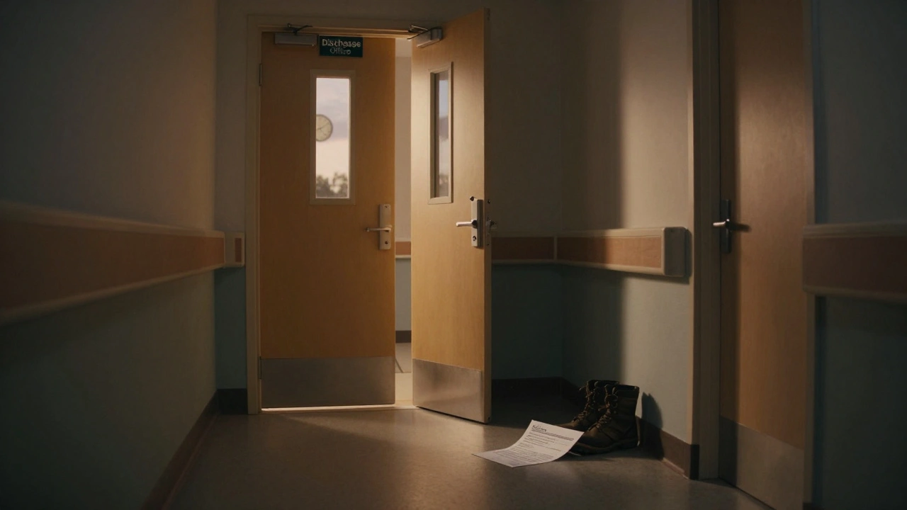 Discharge summary letter beside walking boots in a quiet hospital hallway.