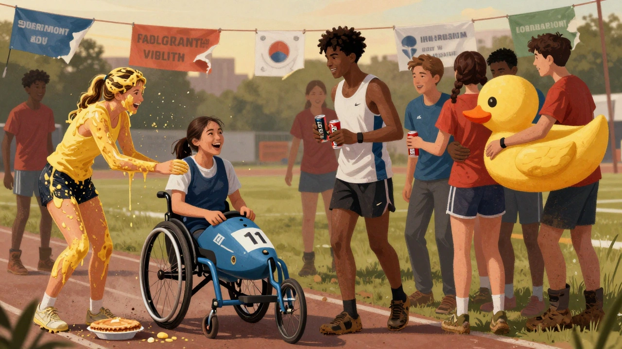 Diverse students celebrating after a Varsity event, laughing together with custard-covered faces and rubber ducks.