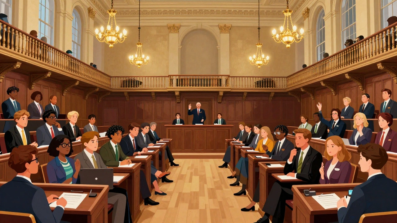 Diverse students debating climate policy in historic Oxford Union hall.