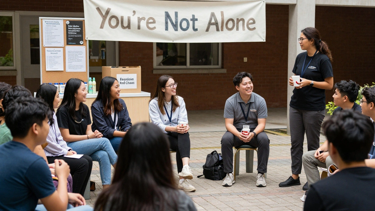 Diverse students sharing coffee and conversation in a campus courtyard, with a 'You're Not Alone' banner in the background.
