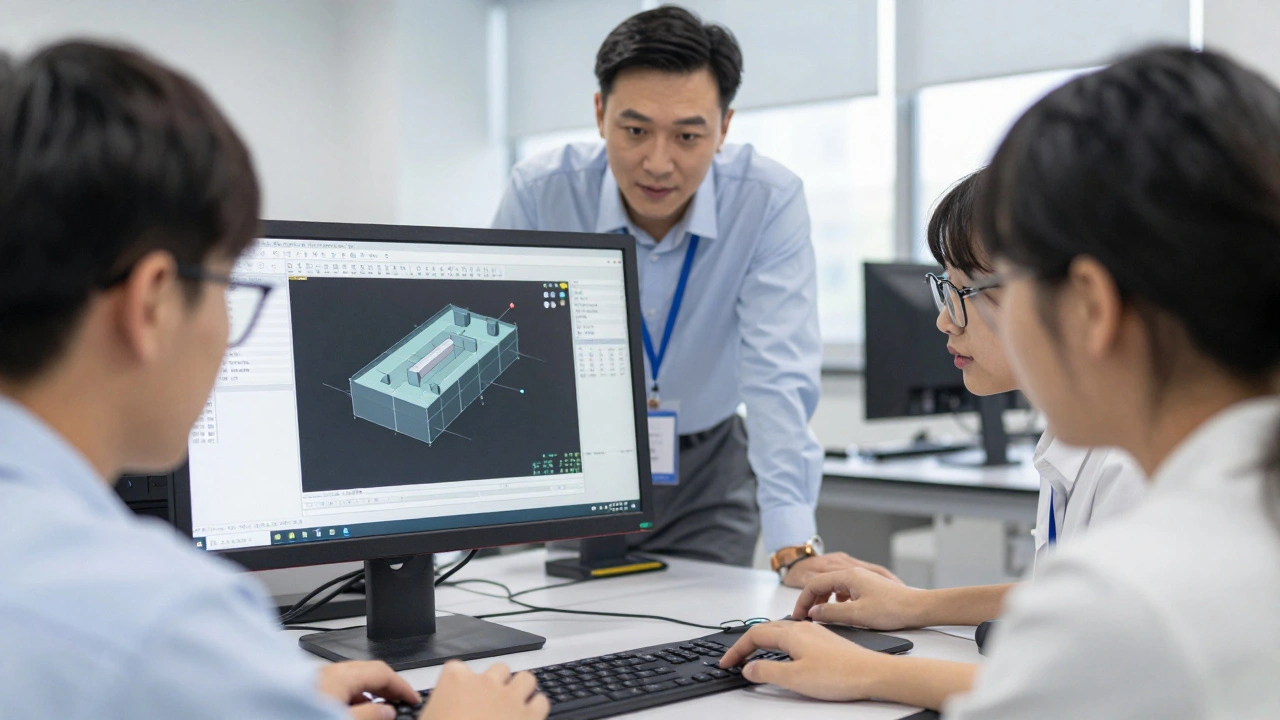 Engineering students collaborating with industry experts on CAD software during a workshop.