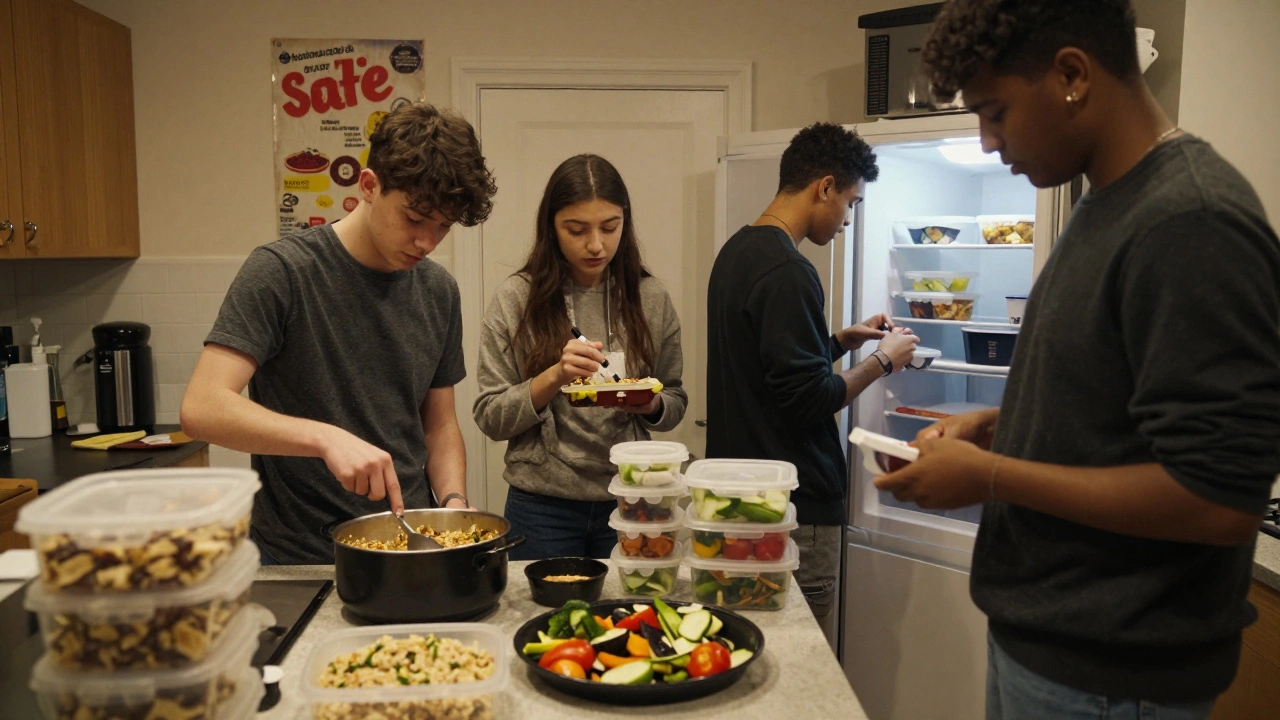 Four students working together in a shared kitchen, cooking and labeling meals in a busy student flat.