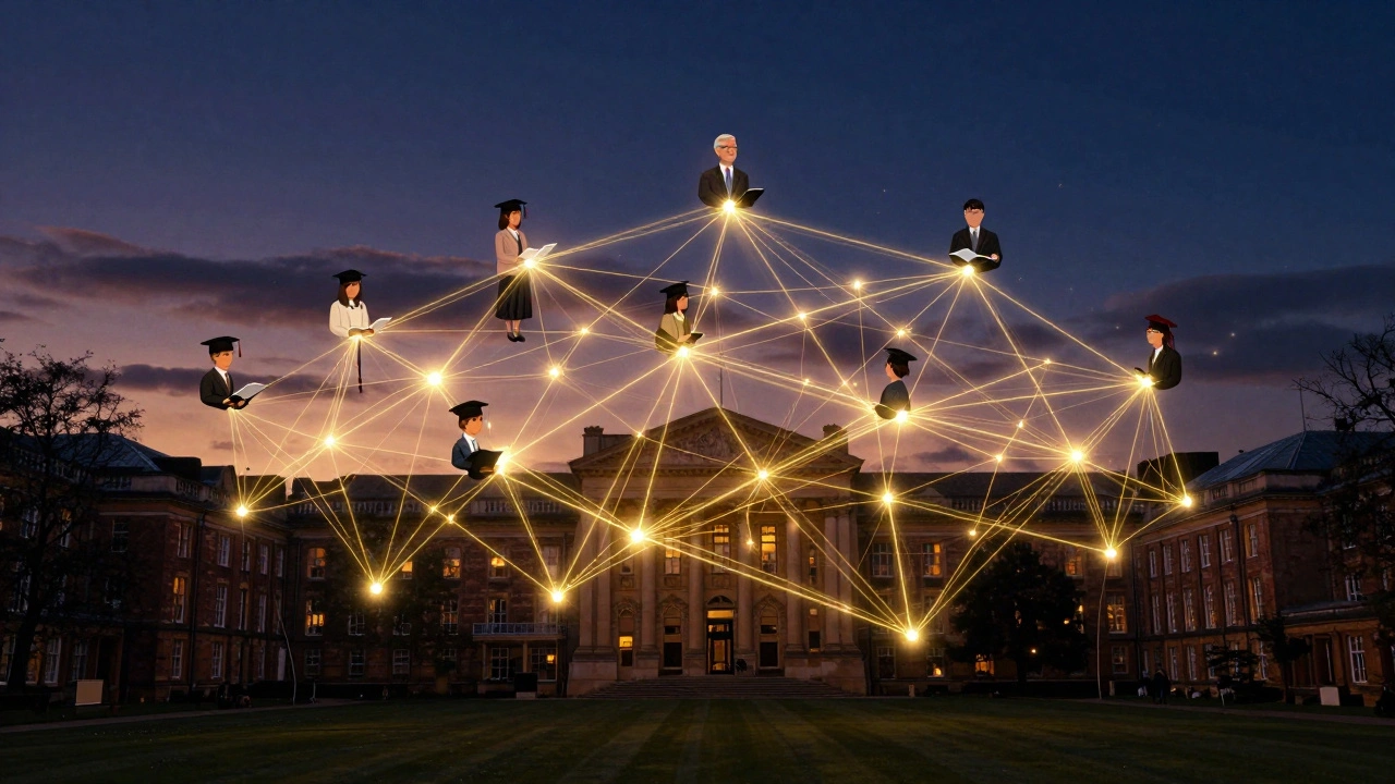 Golden network of connections linking students to mentors and career opportunities.