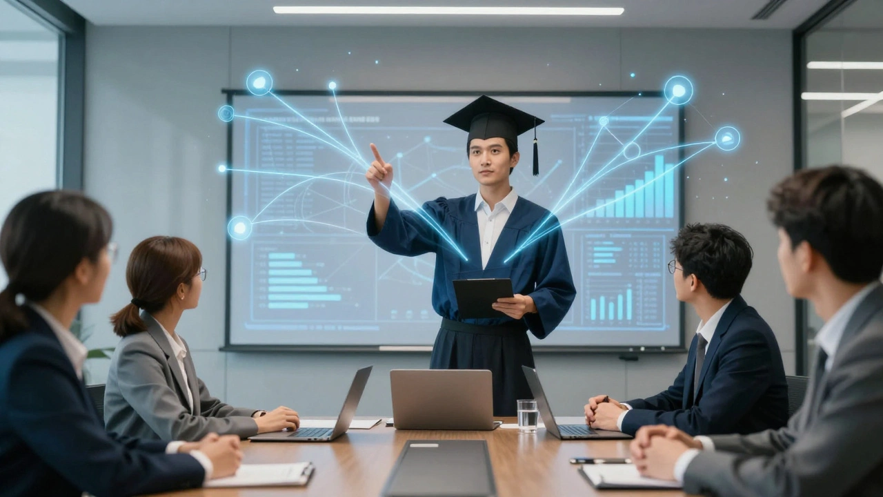 Graduate confidently presenting in corporate boardroom using debate skills.