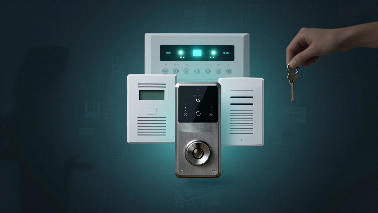 Layered security elements—deadbolt, window sensors, alarm panel—symbolizing protection in student housing.